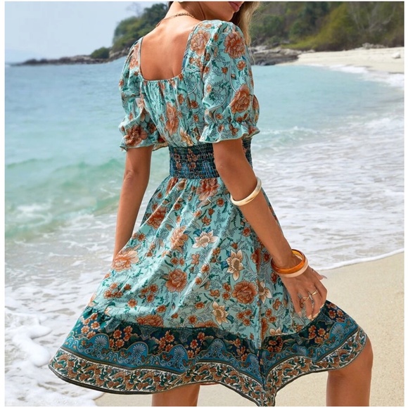 Boho Floral Print Puff Sleeve Mini Dress - Picture 5 of 5